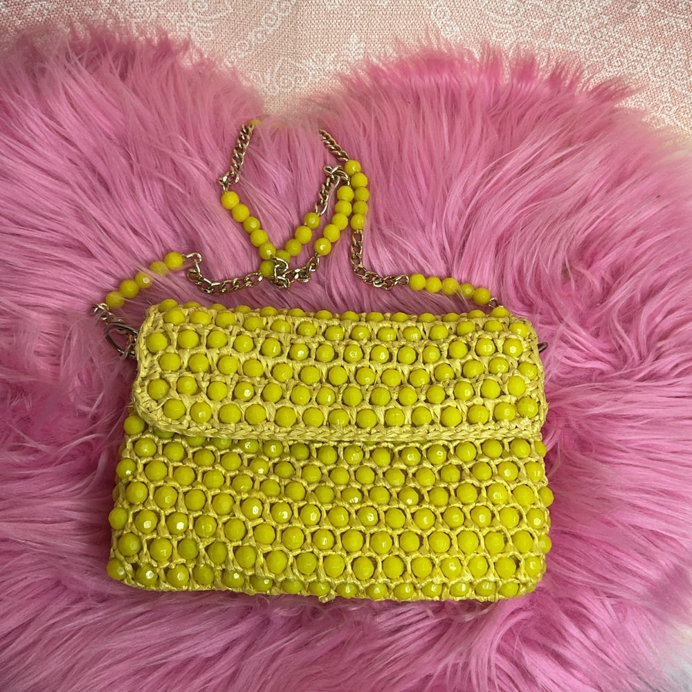 Mod Yellow Faceted Beaded Raffia Straw Purse - Picture 2 of 7